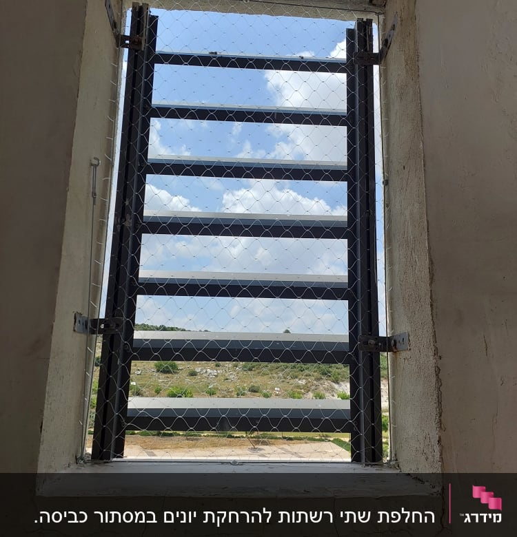 רשת מתכת על חלון למניעת כניסת יונים